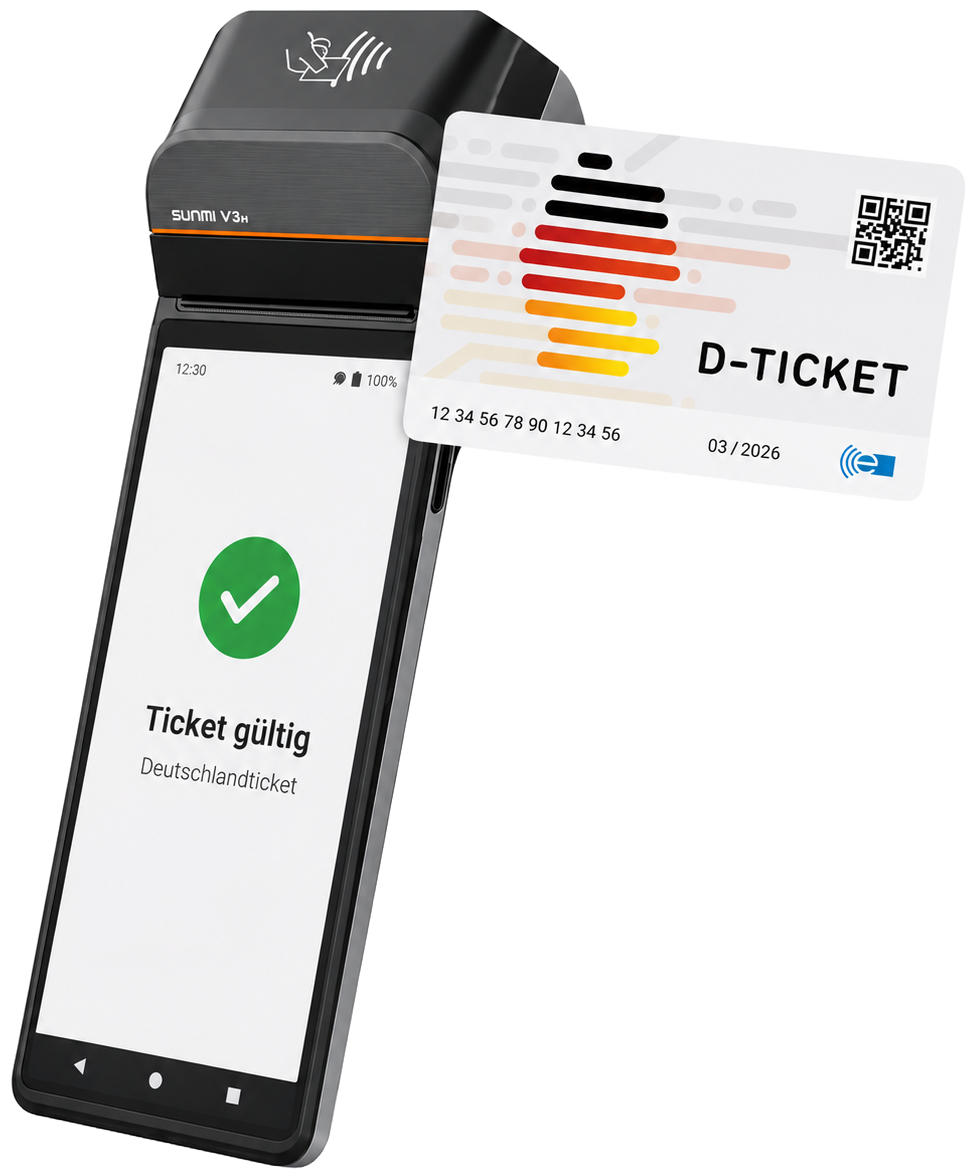 Sunmi V3 Kontrollgerät prüft ein Deutschlandticket – Anzeige: Ticket gültig